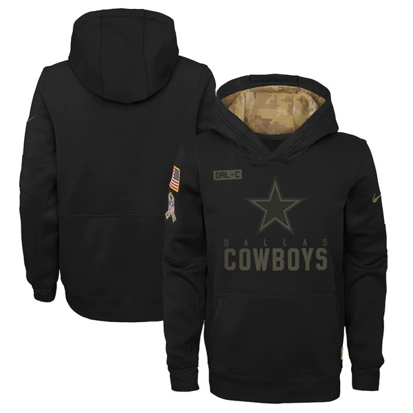 Youth Dallas Cowboys Black NFL 2020 Salute To Service Sideline Performance Pullover Hoodie